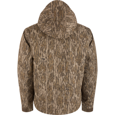 Back view of LST Hardline 3-in-1 Jacket in tree-bark camouflage, featuring a hood, elasticized cuffs, and ergonomic design for adaptable hunting protection.