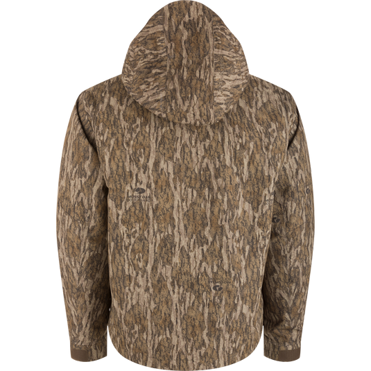 Back view of LST Hardline 3-in-1 Jacket in tree-bark camouflage, featuring a hood, elasticized cuffs, and ergonomic design for adaptable hunting protection.