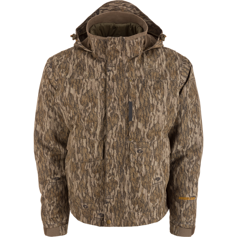 Men’s hooded hunting jacket, Drake Waterfowl LST Hardline 3-in-1, featuring Mossy Oak camouflage, multiple pockets, storm flap, adjustable cuffs, and insulated lining for adaptable weather protection.