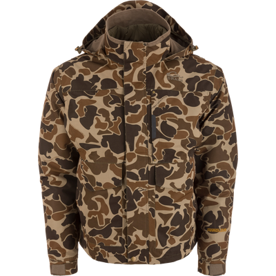 LST Hardline 3-in-1 Jacket with camo pattern, hood, and Drake embroidery, features snap front, multiple pockets, adjustable cuffs, and ergonomic fit for adaptable weather protection.