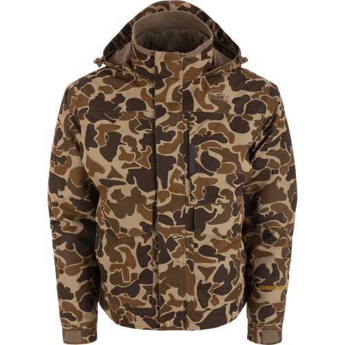 LST Hardline 3-in-1 Jacket with camo pattern, hood, and Drake embroidery, features snap front, multiple pockets, adjustable cuffs, and ergonomic fit for adaptable weather protection.