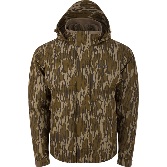 LST Hardline 3-in-1 Jacket with tree stripe camouflage, featuring a hood, adjustable cuffs, multiple pockets, and a versatile 3-layer waterproof shell for hunting.