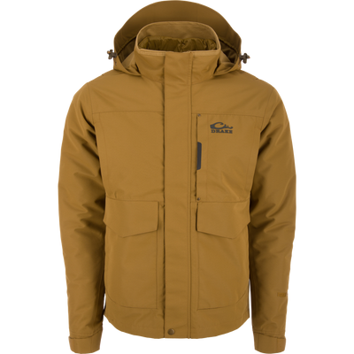 Drake LST Hardline 3-in-1 Jacket, featuring a hood, covered zipper, flap pockets, zippered chest pocket, and adjustable cuffs, ideal for adaptable outdoor protection.