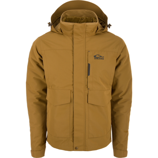 Drake LST Hardline 3-in-1 Jacket, featuring a hood, covered zipper, flap pockets, zippered chest pocket, and adjustable cuffs, ideal for adaptable outdoor protection.
