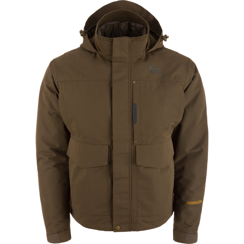 LST Hardline 3-in-1 Jacket with hood, storm-flap, hand-pocket flaps, and “Drake” branding, ideal for adaptable, durable outdoor protection.