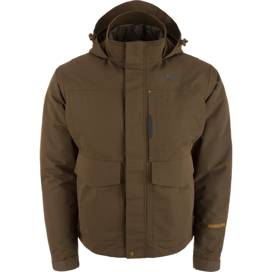 LST Hardline 3-in-1 Jacket with hood, storm-flap, hand-pocket flaps, and “Drake” branding, ideal for adaptable, durable outdoor protection.