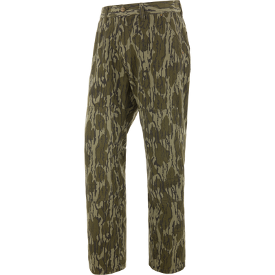Throwback80 Field Pant featuring olive-green camo print, belt loops, front pockets, and durable double-layer knee panels, ideal for rugged outdoor adventures.