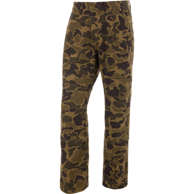 Throwback80 Field Pant on mannequin, showcasing camo print, cargo pockets, double-layer knees, and brass rivets for durability, reflecting rugged hunting apparel by Drake Waterfowl.