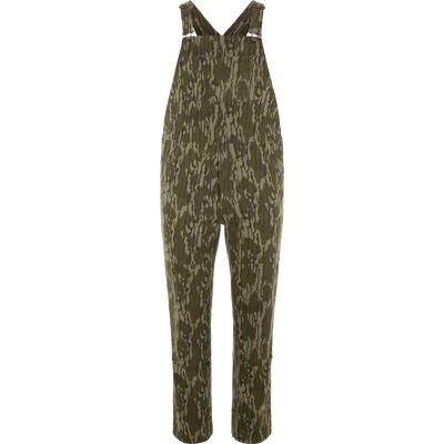 Throwback 80 Field Bib in camouflage, featuring a large bib pocket, side pockets, triple-needle stitching, and reinforced knees, designed for durability and classic style.