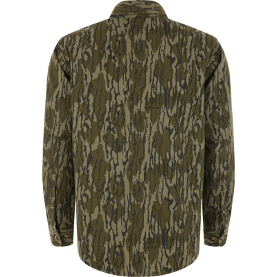 Back view of Throwback 80 Field Shirt in tiger-stripe camo, showcasing buttoned cuffs, curved hem, and reinforced elbows, ideal for durable hunting wear.