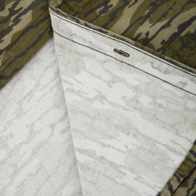 Close-up of Throwback 80 Field Shirt showing olive-green tiger stripe camouflage fabric with triple-stitched seam and buttonhole on durable 100% cotton twill material.