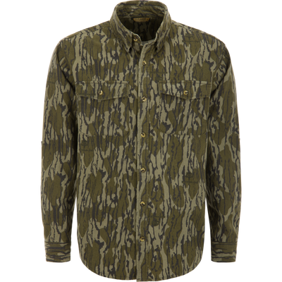Throwback 80 Field Shirt in camo features button-front, point collar, chest flap pockets, reinforced forearms, and triple-stitching, ideal for rugged outdoor hunting.