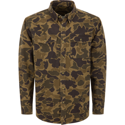 Throwback 80 Field Shirt: Long-sleeve camouflage shirt with button-down collar, chest flap pockets, rounded hem, and reinforced forearms, crafted from durable 100% cotton twill.