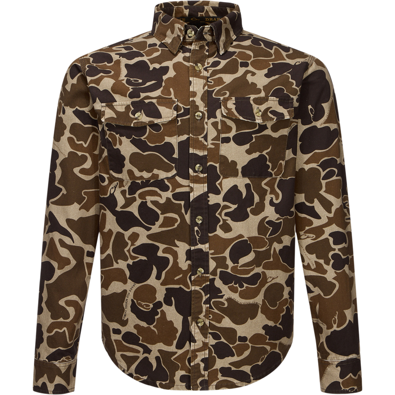Throwback 80 Button Down Shirt with brown-tan camo print, durable 100% cotton twill, features reinforced elbows, double side print, and flap pockets.