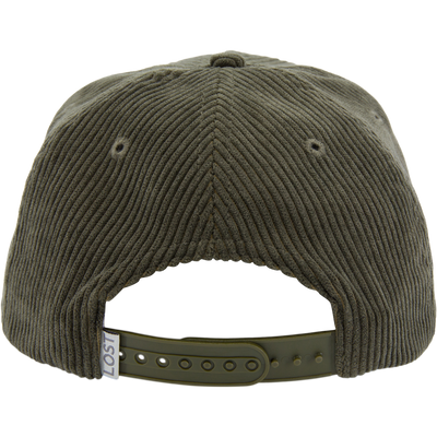 Back view of Drake X LOST Hat Goat Rope Corduroy Cap, featuring an adjustable snap-closure strap and a woven LOST tag, highlighting rugged outdoor style.