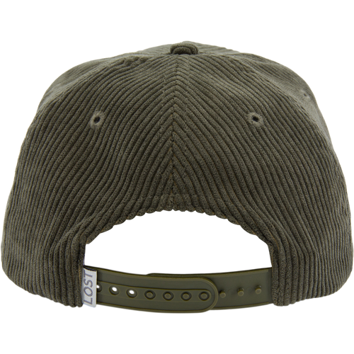 Back view of Drake X LOST Hat Goat Rope Corduroy Cap, featuring an adjustable snap-closure strap and a woven LOST tag, highlighting rugged outdoor style.