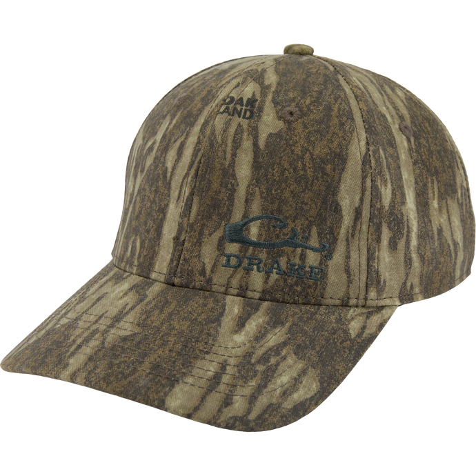 Camouflage-patterned Side Logo Cap with DRAKE embroidery, featuring a structured pro-round crown and slightly pre-curved brim, made from durable cotton twill.