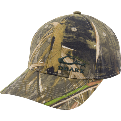 Camouflage-patterned Side Logo Cap with DRAKE and duck graphic, featuring a pro-round crown and structured fit in durable cotton twill.