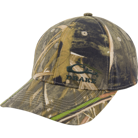Camouflage-patterned Side Logo Cap with DRAKE and duck graphic, featuring a pro-round crown and structured fit in durable cotton twill.