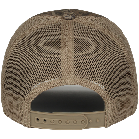 Foam Trucker Logo Cap with mesh back and adjustable snap closure, showcasing its high-profile design and breathable structure for stylish, comfortable wear.