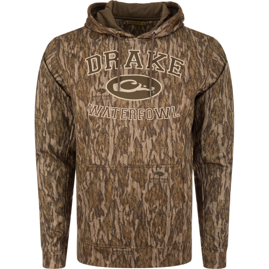 MST Performance Logo Fleece-Lined Camo Hoodie featuring an adjustable drawstring, kangaroo pocket, and a tan Drake Waterfowl logo printed on the chest.