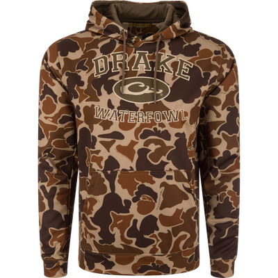 MST Performance Logo Fleece-Lined Camo Hoodie featuring an anti-pilling camo-print fleece, an adjustable drawstring hood, a front kangaroo pocket, and DRAKE WATERFOWL printed on the chest.