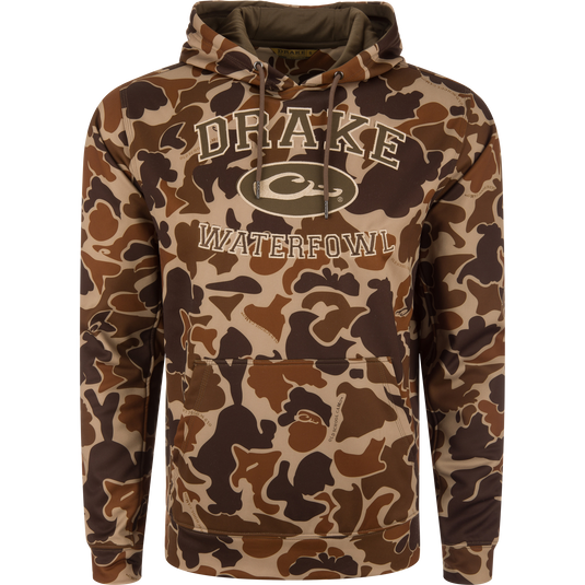 MST Performance Logo Fleece-Lined Camo Hoodie featuring an anti-pilling camo-print fleece, an adjustable drawstring hood, a front kangaroo pocket, and DRAKE WATERFOWL printed on the chest.
