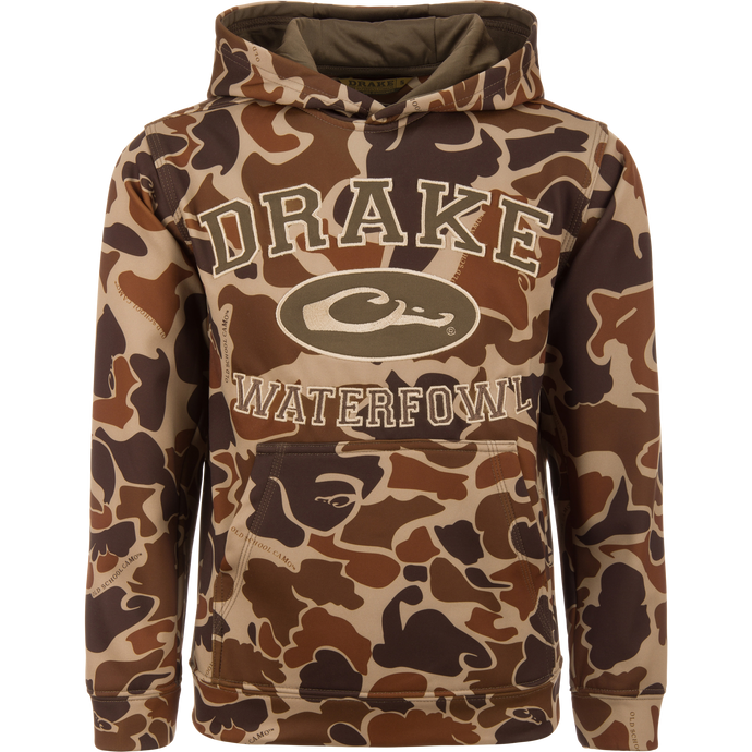 Youth Performance Hoodie in camouflage pattern, featuring DRAKE WATERFOWL text, kangaroo pocket, and lined hood, designed for comfort and versatility in outdoor activities.