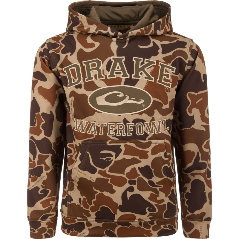Youth Performance Hoodie in camouflage pattern, featuring DRAKE WATERFOWL text, kangaroo pocket, and lined hood, designed for comfort and versatility in outdoor activities.