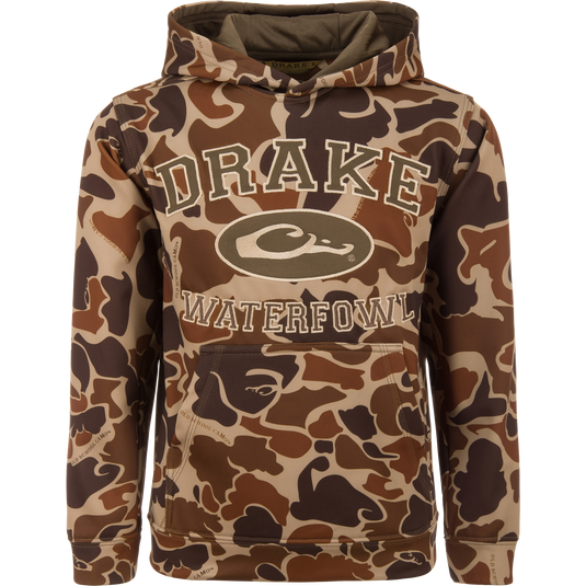 Youth Performance Hoodie in camouflage pattern, featuring DRAKE WATERFOWL text, kangaroo pocket, and lined hood, designed for comfort and versatility in outdoor activities.