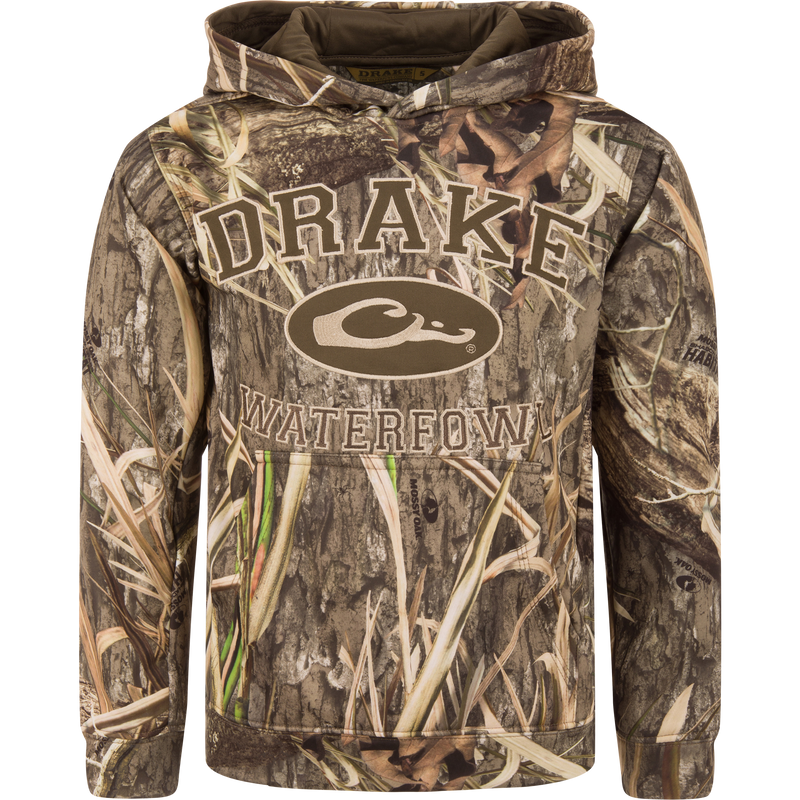 Youth Performance Hoodie with camouflage pattern and DRAKE WATERFOWL print, featuring a kangaroo pocket and lined hood, ideal for young athletes and outdoor activities.
