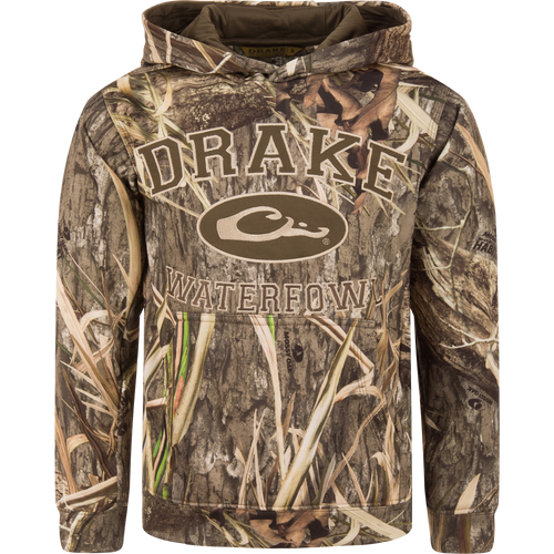 Youth Performance Hoodie with camouflage pattern and DRAKE WATERFOWL print, featuring a kangaroo pocket and lined hood, ideal for young athletes and outdoor activities.