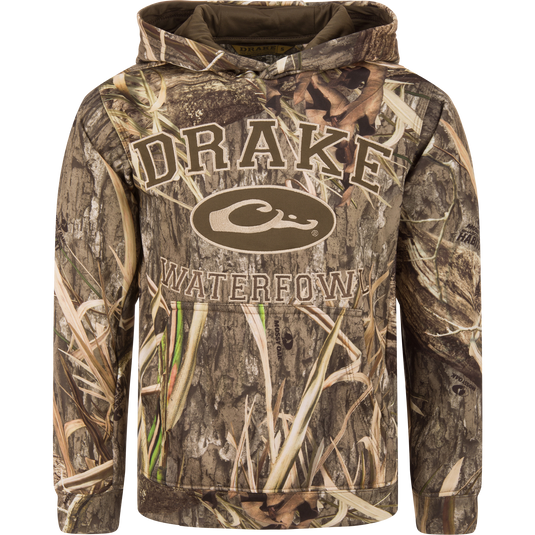 Youth Performance Hoodie with camouflage pattern and DRAKE WATERFOWL print, featuring a kangaroo pocket and lined hood, ideal for young athletes and outdoor activities.