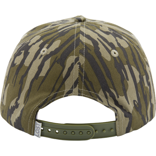 Drake X Lost Hat Hybrid Goat Rope Cap features a camo-patterned design with snap-back closure, showcasing durable 100% cotton and paracord for hunting enthusiasts.