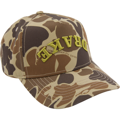 Drake X Lost Hat Easy 5 Panel Cap with camouflage design, chartreuse-yellow DRAKE embroidery, curved bill, and snapback closure for a stylish, comfortable fit.