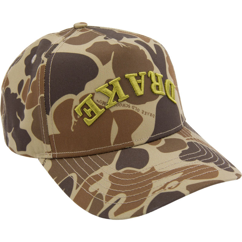 Drake X Lost Hat Easy 5 Panel Cap with camouflage design, chartreuse-yellow DRAKE embroidery, curved bill, and snapback closure for a stylish, comfortable fit.