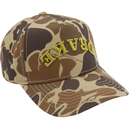 Drake X Lost Hat Easy 5 Panel Cap with camouflage design, chartreuse-yellow DRAKE embroidery, curved bill, and snapback closure for a stylish, comfortable fit.