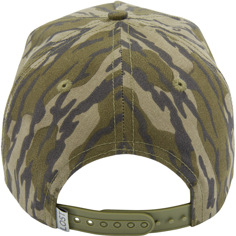 Drake X Lost Hat Easy 5 Panel Cap features a camouflage pattern and adjustable olive green snapback strap, offering style and comfort with its mid-crown design.
