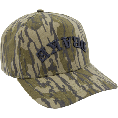 Drake X Lost Hat Easy 5 Panel Cap with tiger-stripe camo, raised embroidery, curved bill, and snapback closure, showcasing style and comfort in hunting headwear.