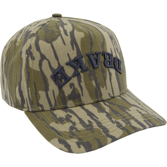 Drake X Lost Hat Easy 5 Panel Cap with tiger-stripe camo, raised embroidery, curved bill, and snapback closure, showcasing style and comfort in hunting headwear.
