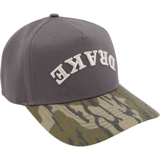 Drake X Lost Hat Easy 5 Panel Cap with a gray-brown crown, olive-green camouflage curved brim, and white embroidered front lettering.