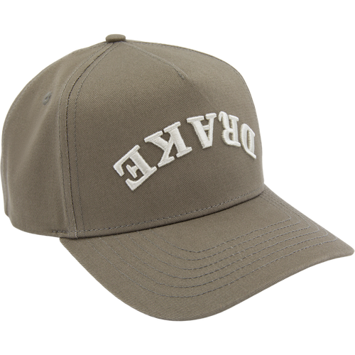 Drake X Lost Hat Easy 5 Panel Cap, olive-green with curved bill and snapback, features “DRAKE” embroidery, blending cotton-polyester for style and comfort.