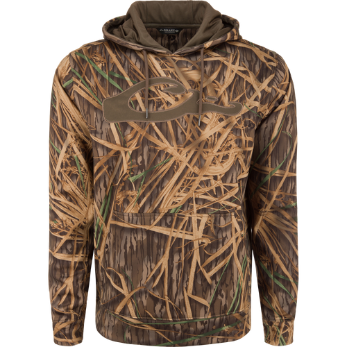 Performance 8-Shot Hoodie with camo pattern, kangaroo pocket, and drawstring hood, featuring Drake label. Made of durable, stretchy polyester-spandex fleece for comfort and mobility.