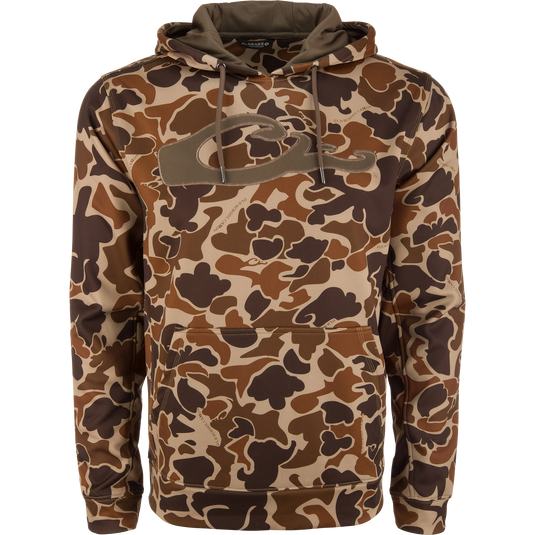 Performance 8-Shot Hoodie with camouflage print, featuring a kangaroo pocket, drawstring hood, anti-pilling shell, and stretchable polyester/spandex fleece for comfort and durability.