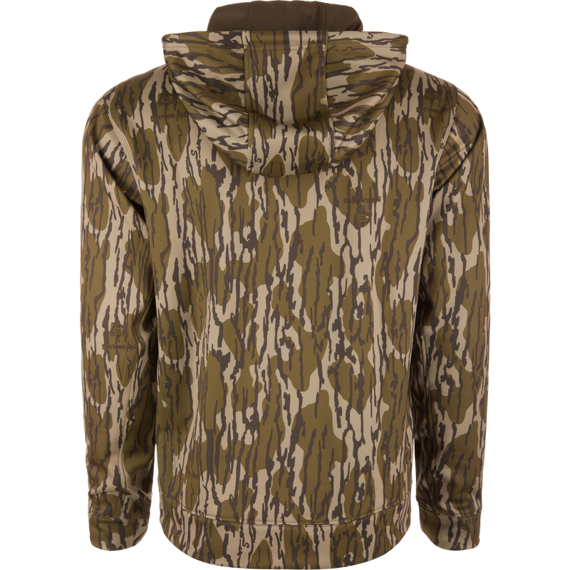 Performance 8-Shot Hoodie in camouflage pattern, featuring lightweight polyester/spandex fleece, anti-pilling shell, kangaroo pocket, and lined hood, ideal for outdoor activities.