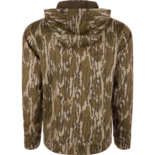 Performance 8-Shot Hoodie in camouflage pattern, featuring lightweight polyester/spandex fleece, anti-pilling shell, kangaroo pocket, and lined hood, ideal for outdoor activities.
