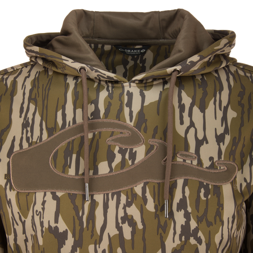 Performance 8-Shot Hoodie with camouflage pattern, drawstring hood, kangaroo pocket, sewn-on logo; crafted for durability and flexibility with anti-pilling, stretch fleece.