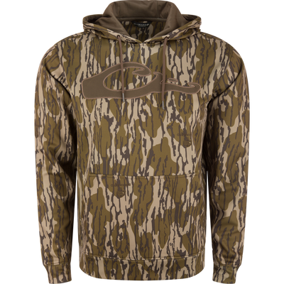 Performance 8-Shot Hoodie in bark camo, featuring a drawstring hood, kangaroo pocket, and anti-pilling stretch fleece, ideal for hunting and outdoor activities.
