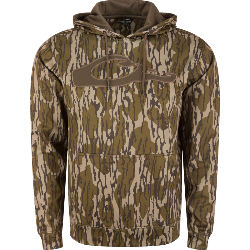 Performance 8-Shot Hoodie in bark camo, featuring a drawstring hood, kangaroo pocket, and anti-pilling stretch fleece, ideal for hunting and outdoor activities.