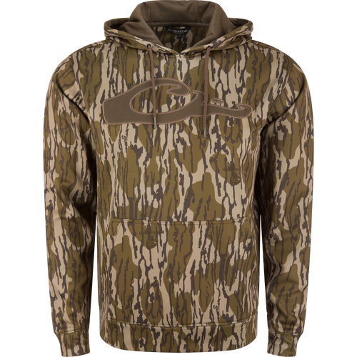Performance 8-Shot Hoodie in bark camo, featuring a drawstring hood, kangaroo pocket, and anti-pilling stretch fleece, ideal for hunting and outdoor activities.